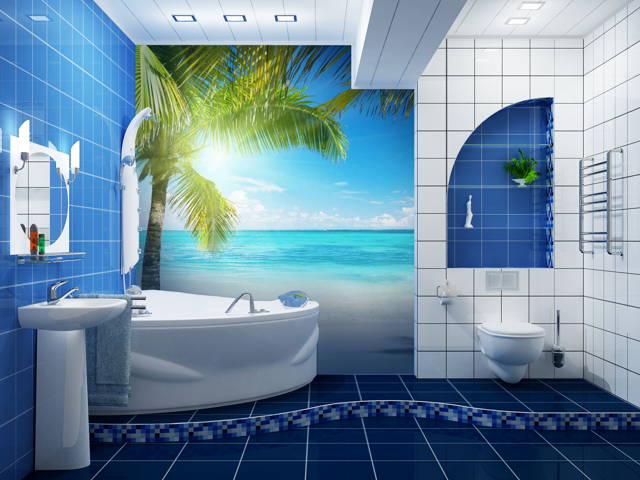 Ванная комната в сине-белом стиле с элементами 3Д-дизайна